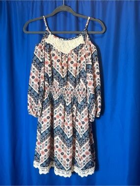 Zunie Floral Chevron Cold-Shoulder Dress in Blue & Cream with Pink Accents